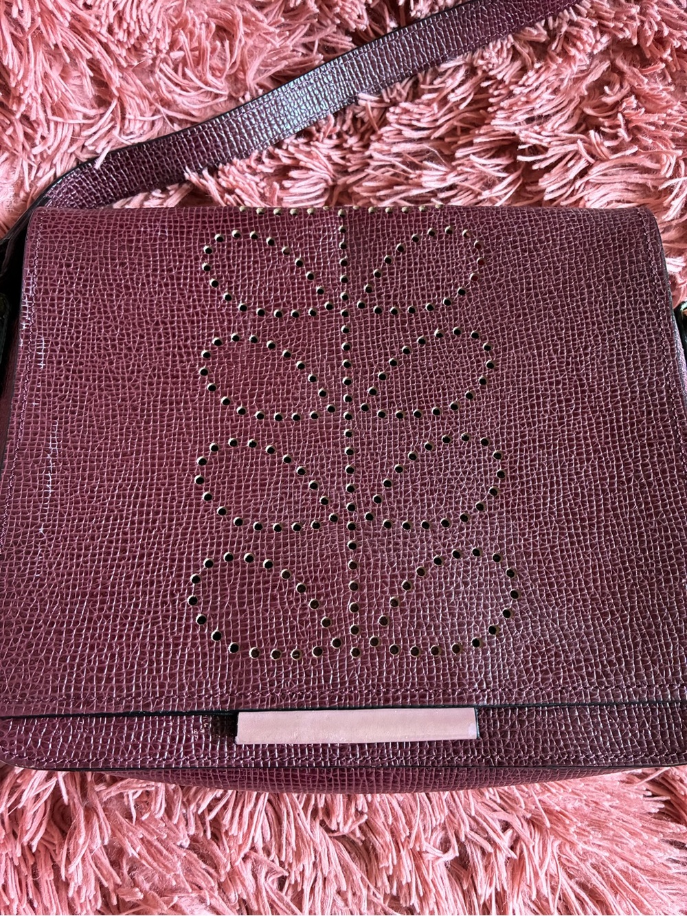 Orla Kiely Burgundy Crossbody with Studded Leaf Motif